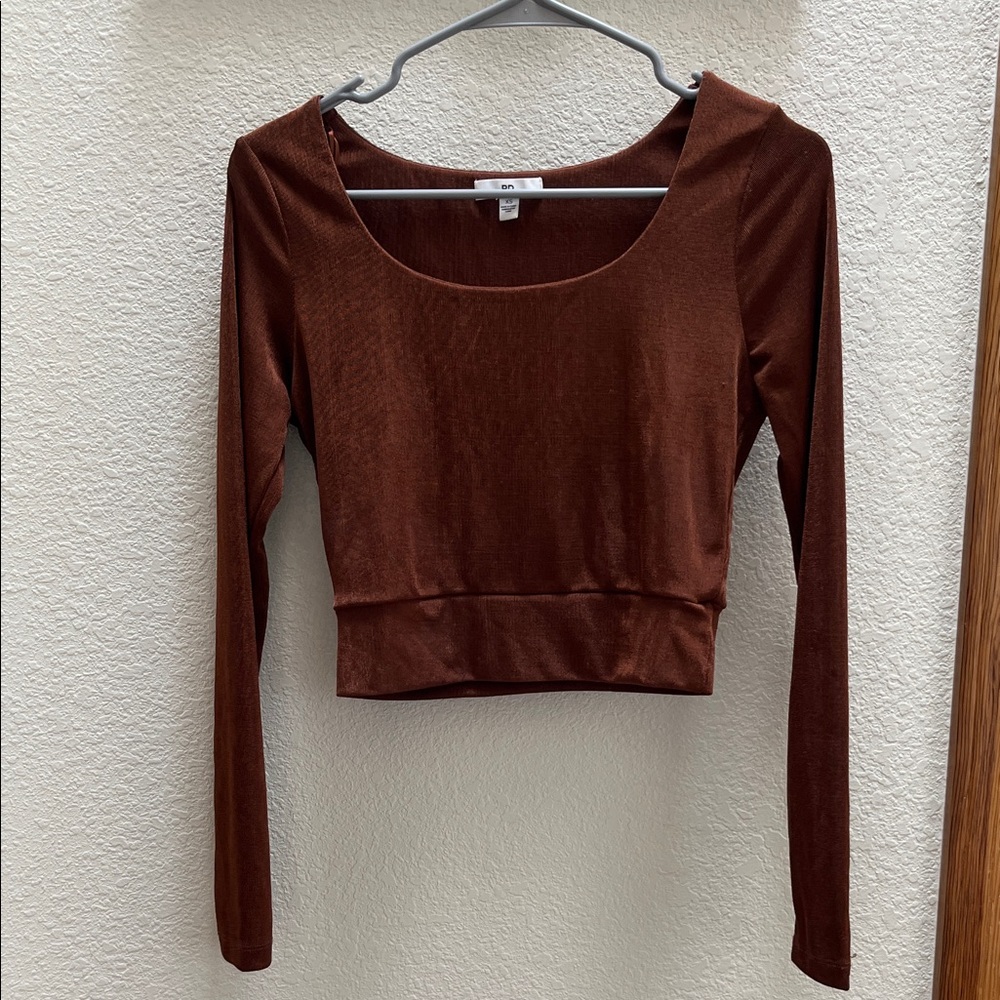 BP | Brown Long Sleeve Sheen Crop Top